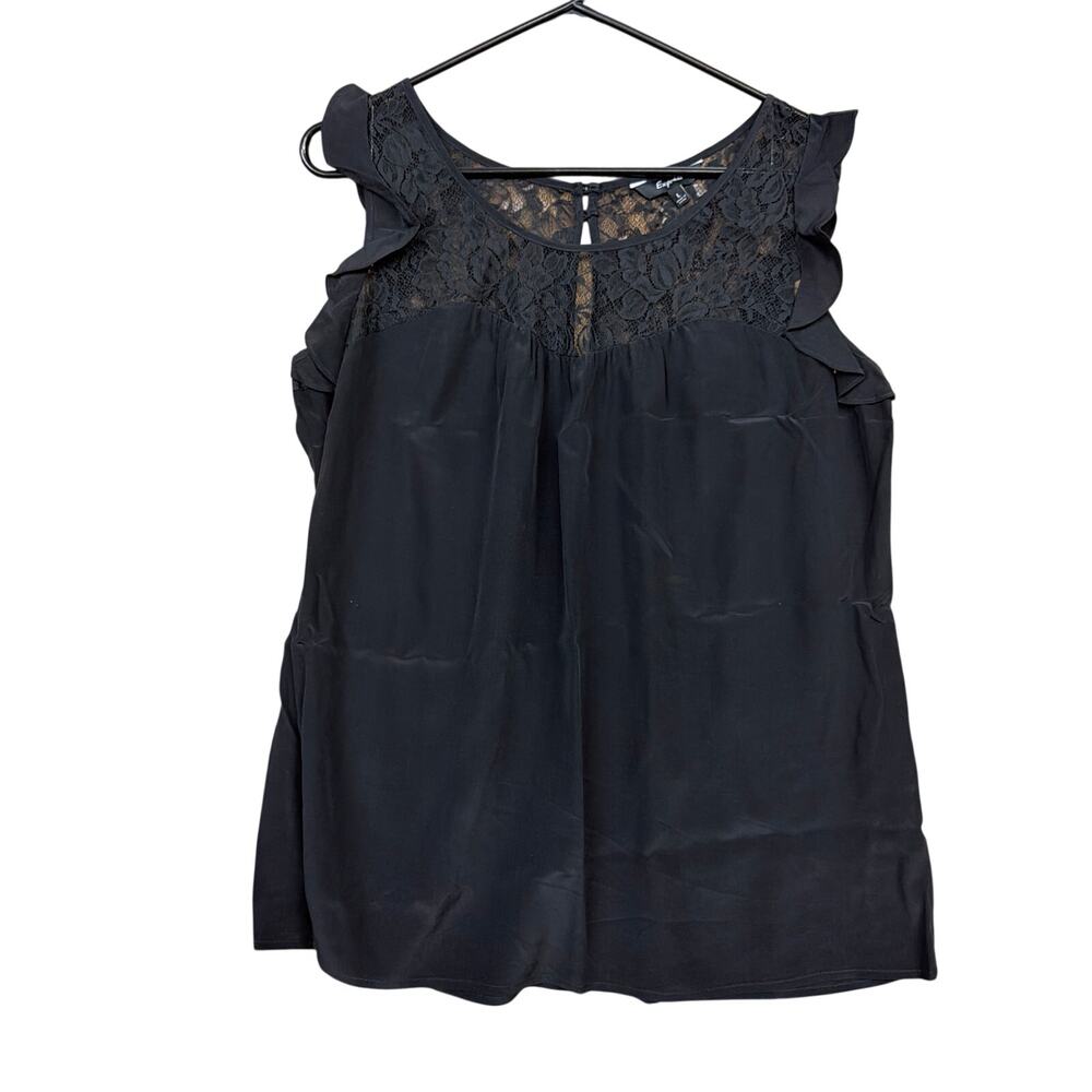 Express Womens Blouse Black 100% Silk Lace Ruffled Sleeveless Keyhole Back Large